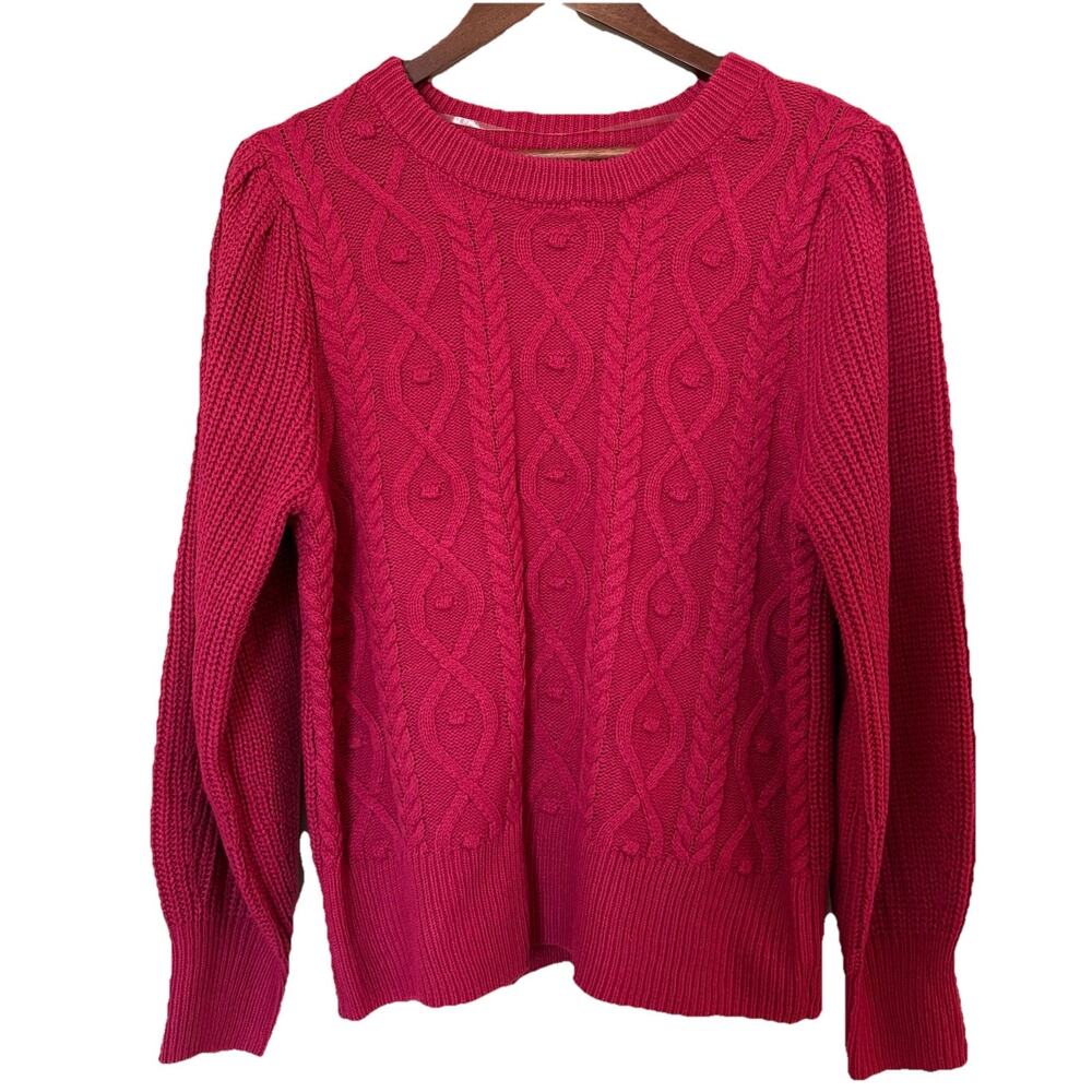 Women's Design 365 Y2K Pink Crew Neck Puff Sleeve Cableknit Sweater Size Large